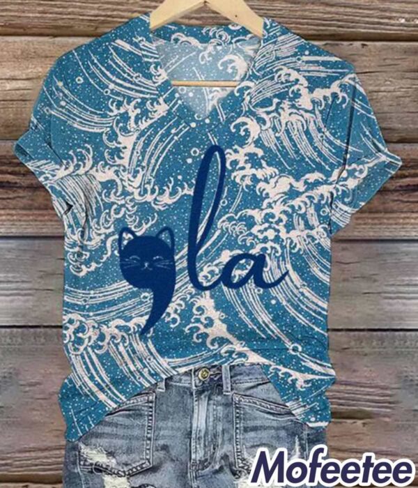 Women’s Blue Waves And Cat LA Print Shirt