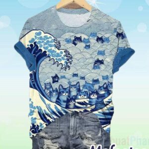 Womens Blue Waves Cats Print Shirt 1