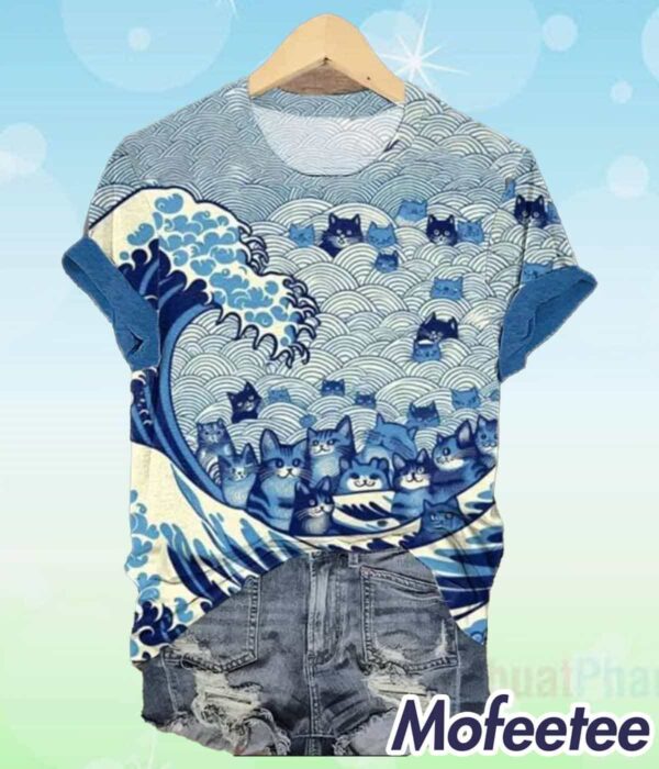 Women’s Blue Waves & Cats Print Shirt