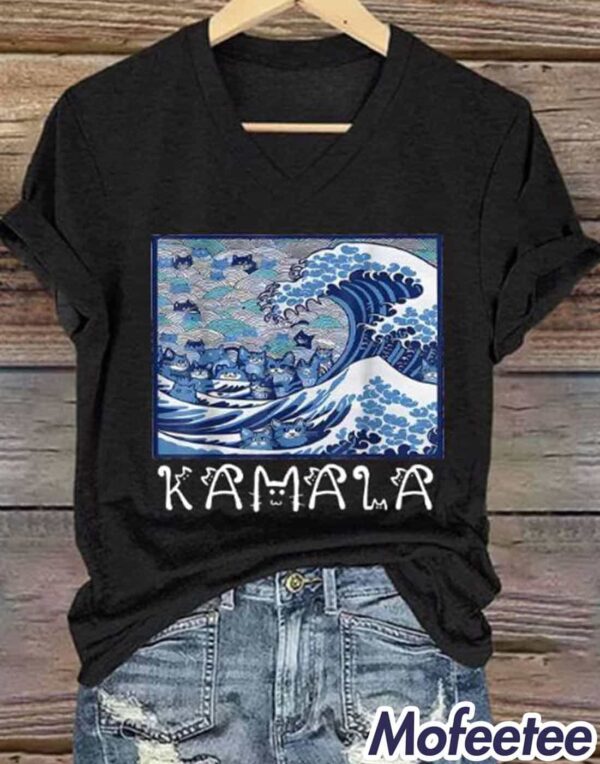 Women’s Blue Waves&Cats Comma La Print T-Shirt