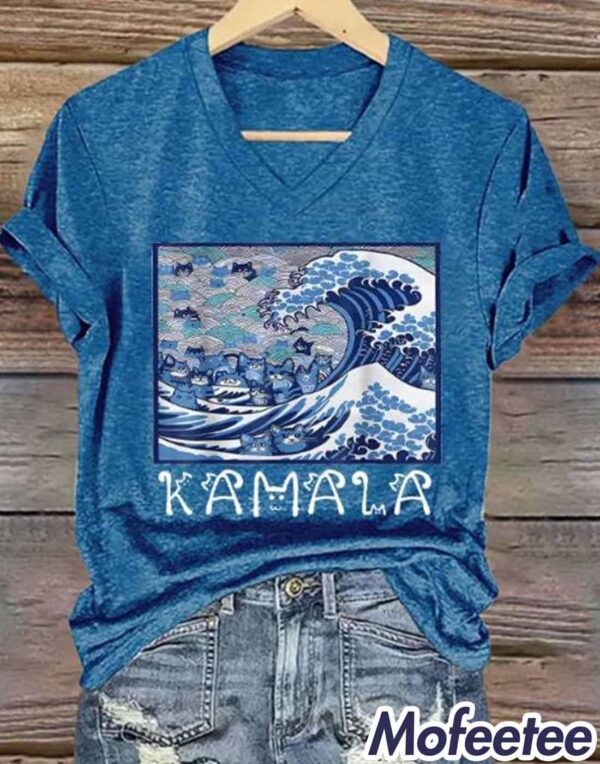 Women’s Blue Waves&Cats Comma La Print T-Shirt