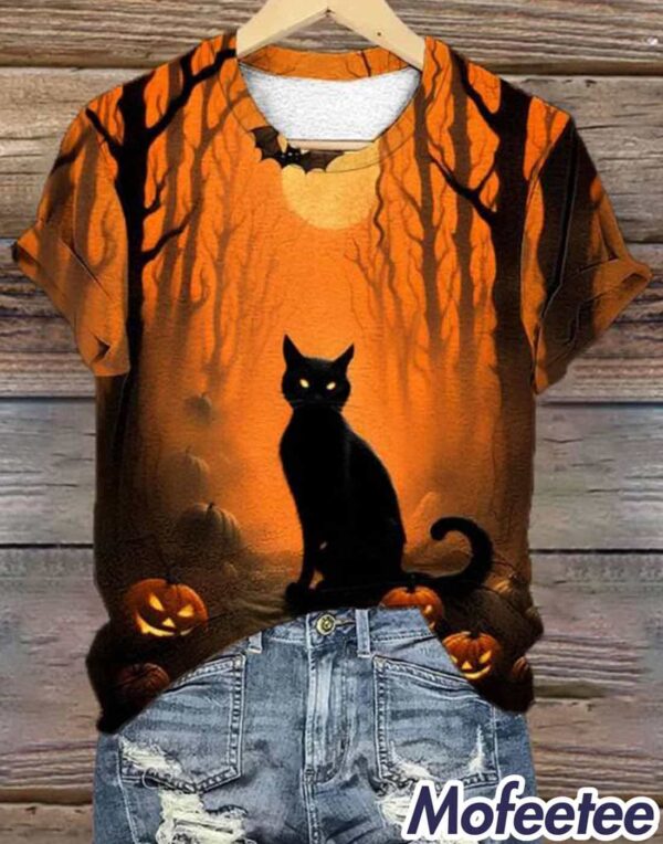 Women’s Halloween Black Cat Print Casual Shirt