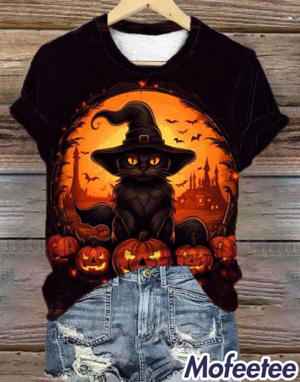 Women’s Halloween Black Cat With Bats Print Casual Shirt