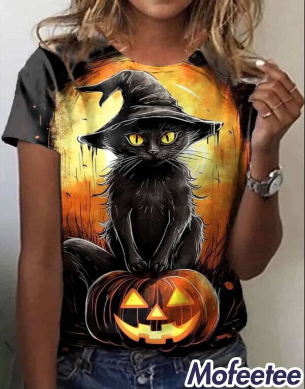 Women’s Halloween Black Cat With Pumpkin Print Casual Shirt