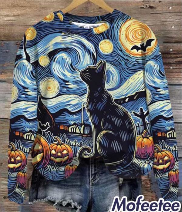 Women’s Halloween Painting Cat Print Sweatshirt