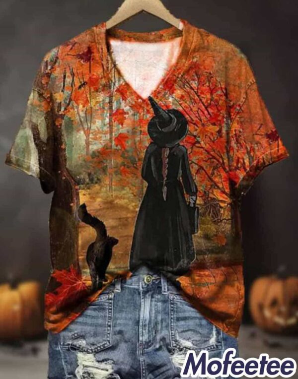 Women’s Halloween Witch Black Cat Print V-Neck Shirt