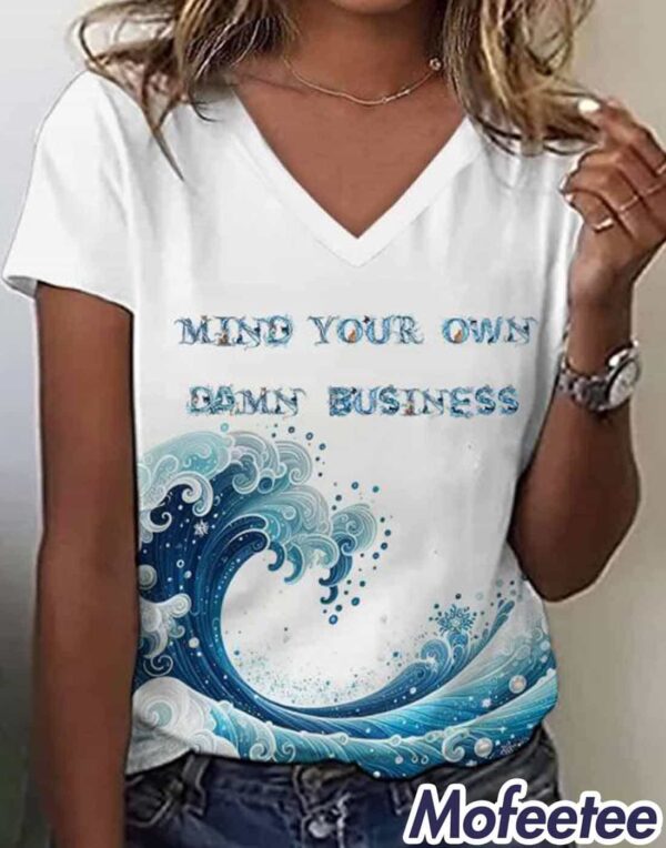 Women’s Mind Your Own Damn Business Blue Wave And Cats Print V-Neck Shirt