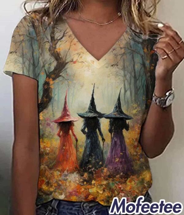 Women’s Watercolor Oil Painting Witch Floral Print V-Neck Shirt